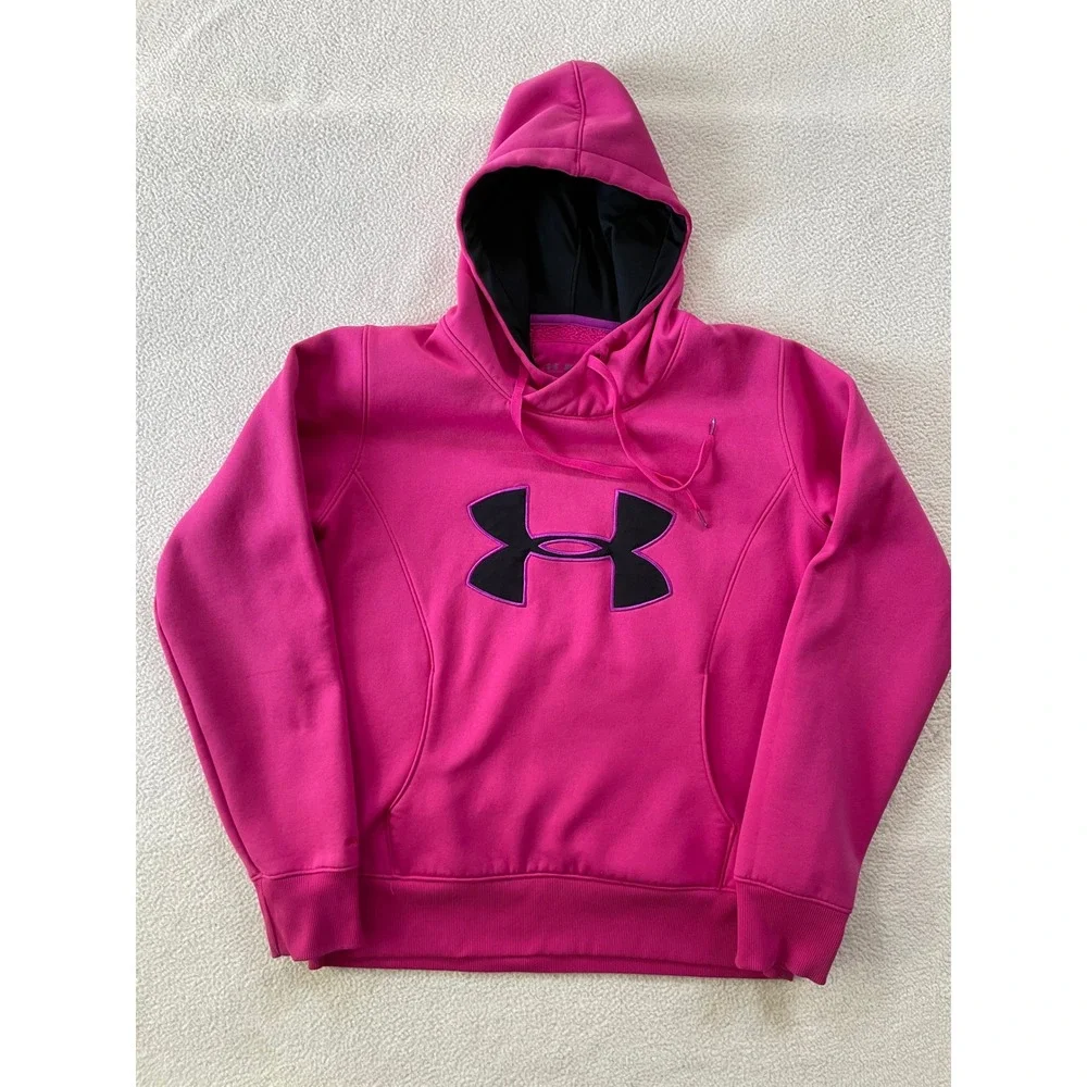 Under Armour Womens Medium Hoodie Pink ColdGear Logo Pullover‎ Sweatshirt